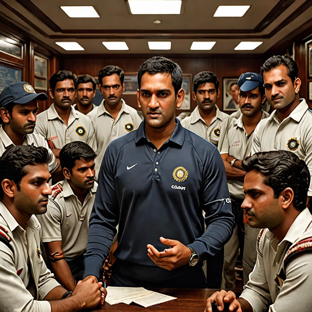 a man standing in front of a group of men in uniform in a room with a desk and a mirror, Don Arday, samikshavad, a poster, promotional image