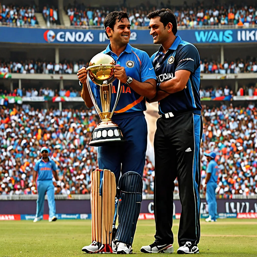 two men standing next to each other holding a trophy in front of a crowd of people in a stadium, Bholekar Srihari, regionalism, a storybook illustration, promotional image