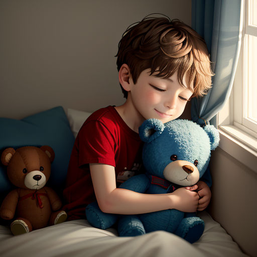 a boy is holding a teddy bear in his arms while sitting on a bed with a blue pillow and a blue curtain