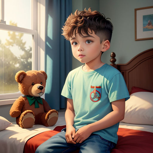 a boy sitting on a bed next to a teddy bear and window with a blue curtain behind him and a teddy bear on the bed