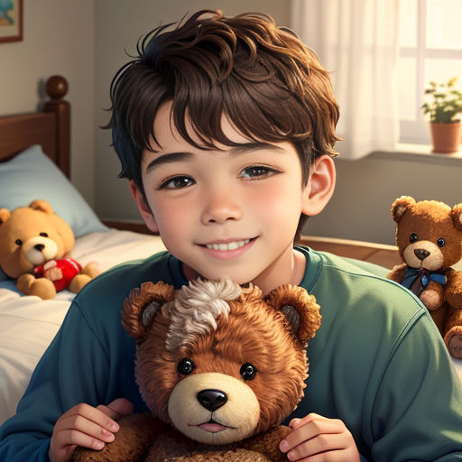 a boy holding a teddy bear in his hands in a bedroom with teddy bears on the bed and a window