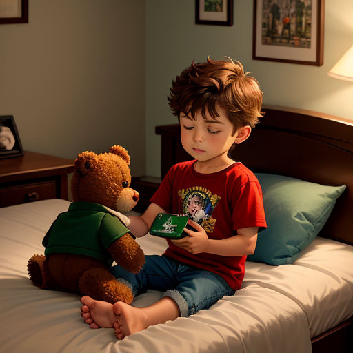 a young boy sitting on a bed holding a book and a teddy bear in his lap, with a lamp on the side of the bed