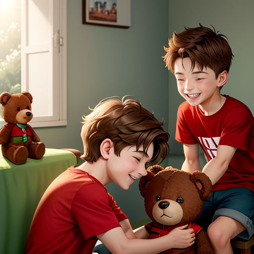 a boy and a boy sitting on a bed with a teddy bear and a teddy bear sitting on a bed