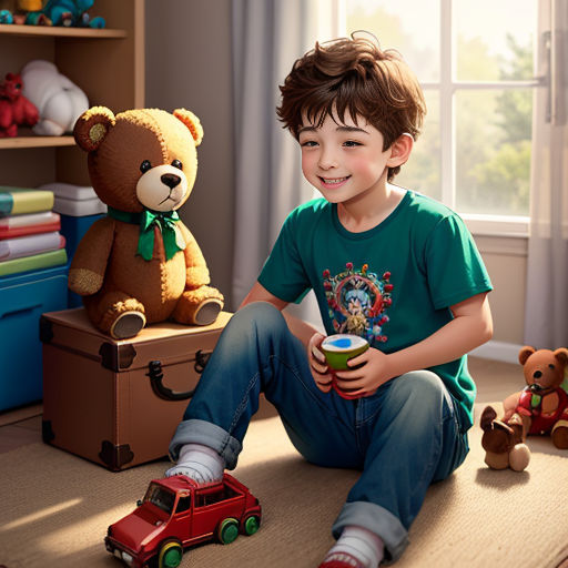a boy sitting on the floor with a teddy bear and a toy truck in front of him and a teddy bear