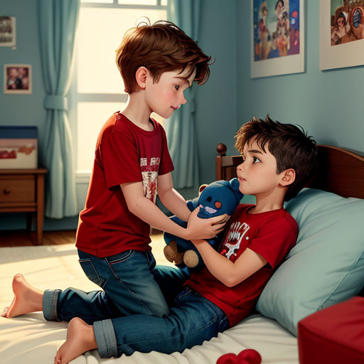 a boy and a boy sitting on a bed playing with a stuffed animal toy in a bedroom with blue walls