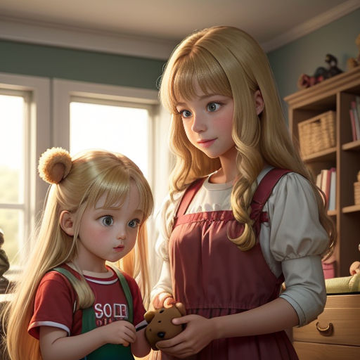 a painting of two girls in a room with a teddy bear in their hands and a teddy bear in their hand