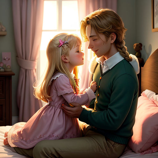 a man and a little girl sitting on a bed together, with a window in the background and a pink curtain