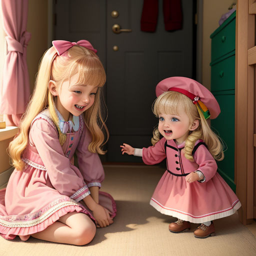 two little girls dressed in pink sitting on the floor together and smiling at each other with a green door in the background