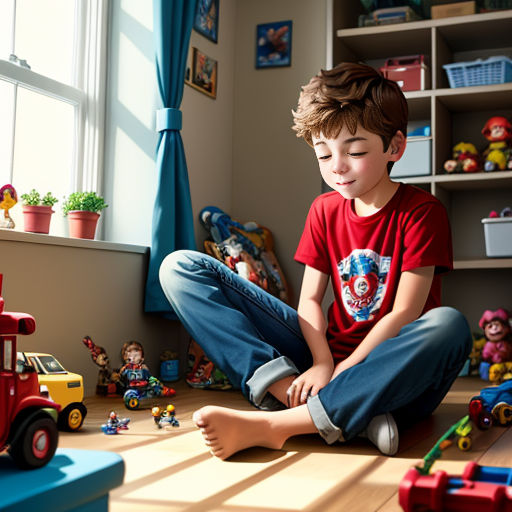 a young boy sitting on the floor in front of a window with toys all around him and a fire truck