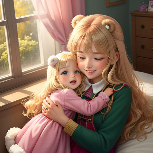 a painting of two girls hugging each other on a bed in a bedroom with pink curtains and a window