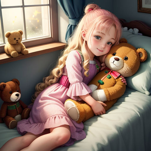 a little girl sitting on a bed with two teddy bears and a window behind her, with a teddy bear