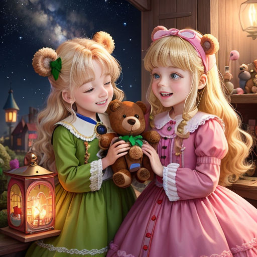 two little girls are holding a teddy bear in a room with a lamp and a teddy bear on the floor
