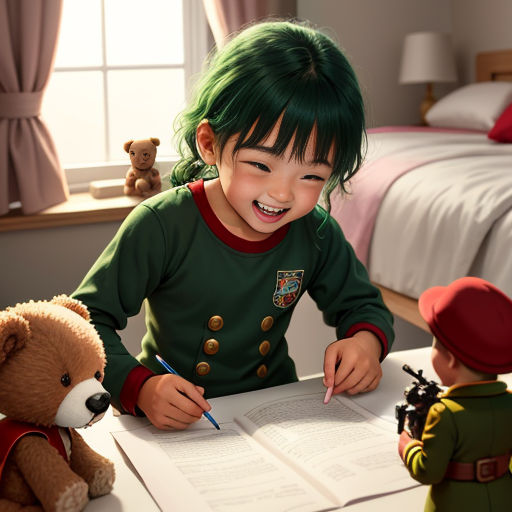 a little girl is writing in a book with a teddy bear and a bed in the background with a window