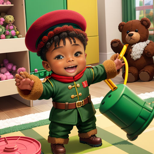 a cartoon boy in a green uniform holding a green watering can and a teddy bear in a green room