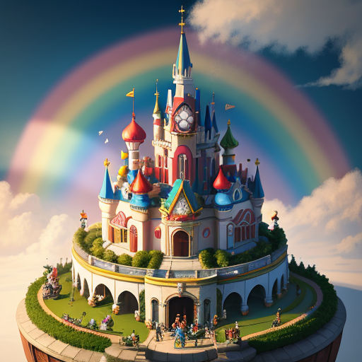a castle with a rainbow in the background and a rainbow in the sky above it, with a rainbow in the sky