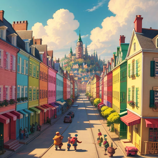 a cartoon of a town with a castle in the background and a street lined with buildings and people walking down the street