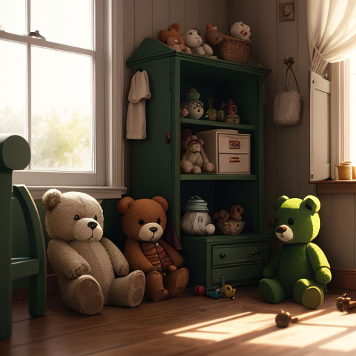 a room with a book shelf and a bunch of stuffed animals on the floor and a teddy bear on the floor
