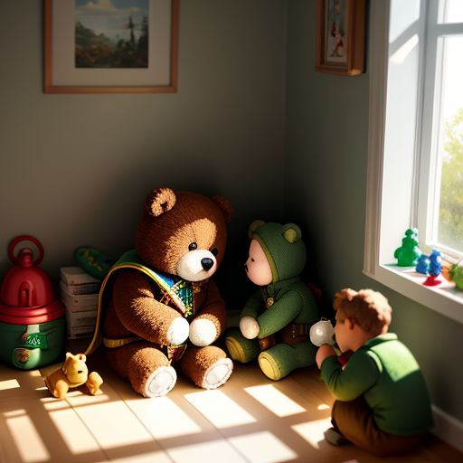 a teddy bear sitting next to a little boy in a room with toys on the floor and a window