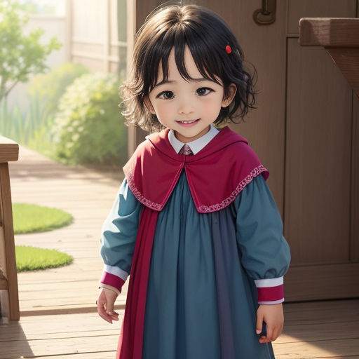 a little girl in a dress standing on a porch with a wooden door behind her and a green lawn