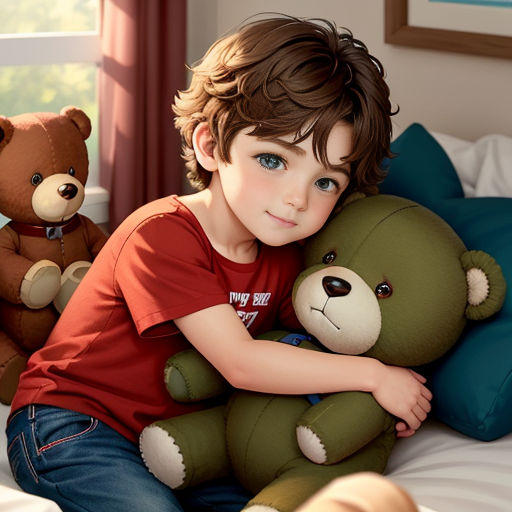 a boy sitting on a bed with two teddy bears in front of him and a window behind him with a blue curtain
