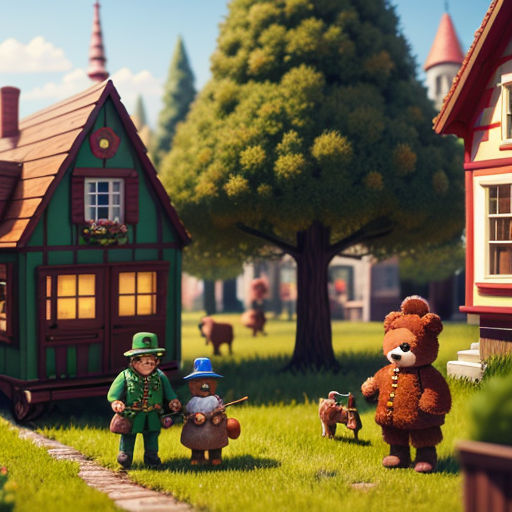 a group of animated characters standing in front of a house and a dog in a yard with a dog