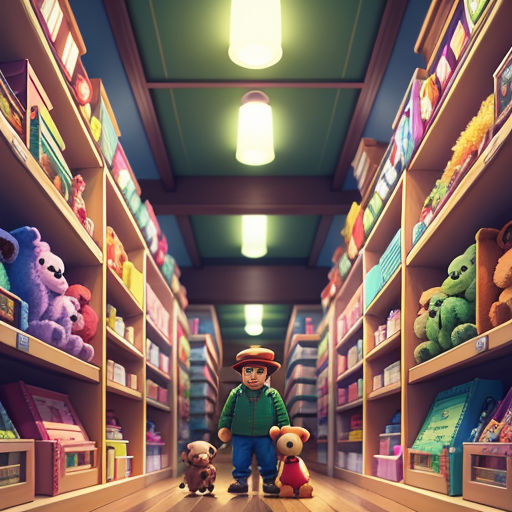 a man and two dogs are in a store with shelves full of stuffed animals and toys on the shelves