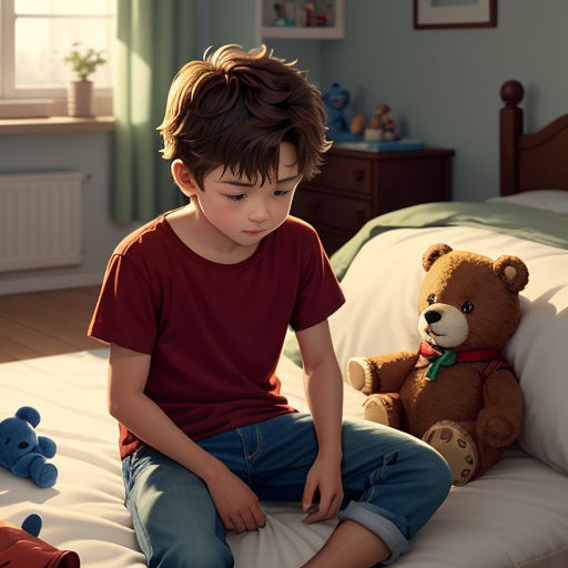 a young boy sitting on a bed with a teddy bear next to him and a teddy bear on the bed