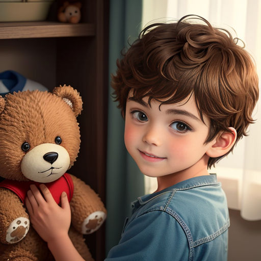 a boy holding a teddy bear in front of a book shelf with other books on it and a teddy bear