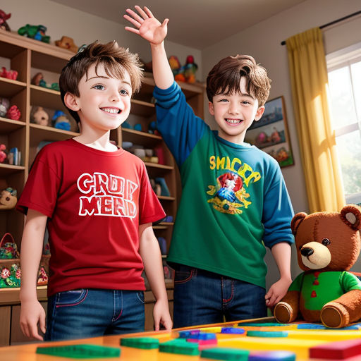 two boys standing in front of a table with a teddy bear and a toy bear on it and a shelf with toys