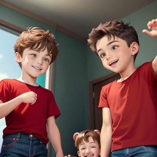 two children standing next to each other in a room with a window and a teddy bear on the floor