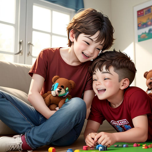 two children playing with a teddy bear on the floor of a living room with toys on the floor and a window