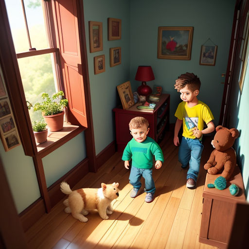 a boy and a boy are standing in a room with a dog and a teddy bear and a teddy bear