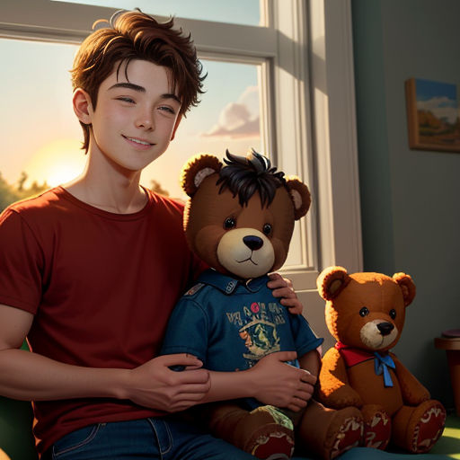 a boy sitting on a chair with a teddy bear in front of him and a window behind him with the sun shining through