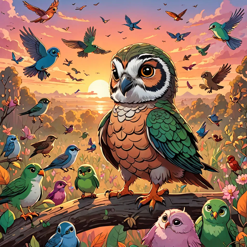 a painting of a bird sitting on a branch surrounded by birds in a field of flowers and trees at sunset, fantasy art, a storybook illustration, Dan Mumford, josan gonzales and dan mumford