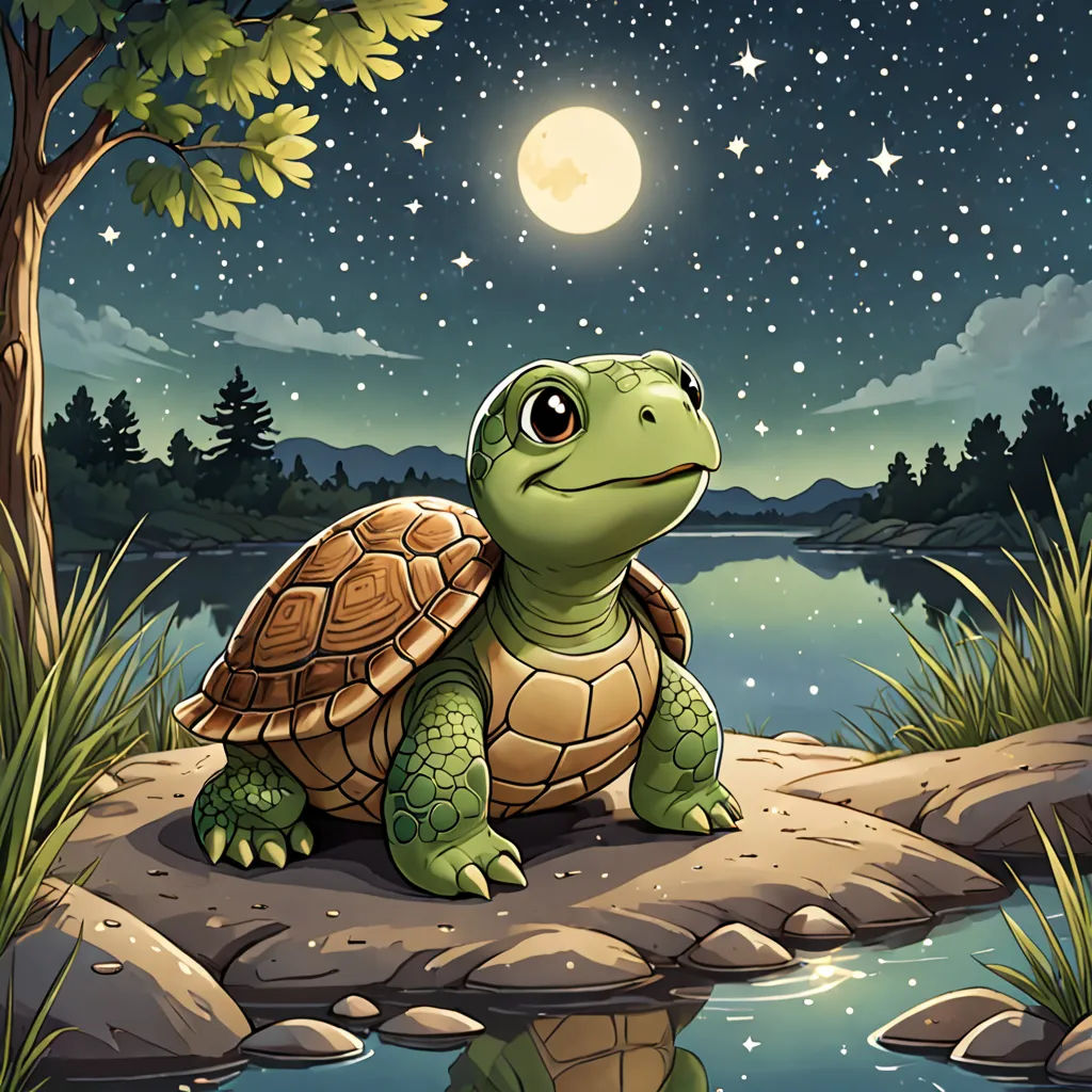 a turtle sitting on a rock in the water under a full moon sky with stars and a tree in the background, sots art, a storybook illustration, Chris LaBrooy, storybook illustration