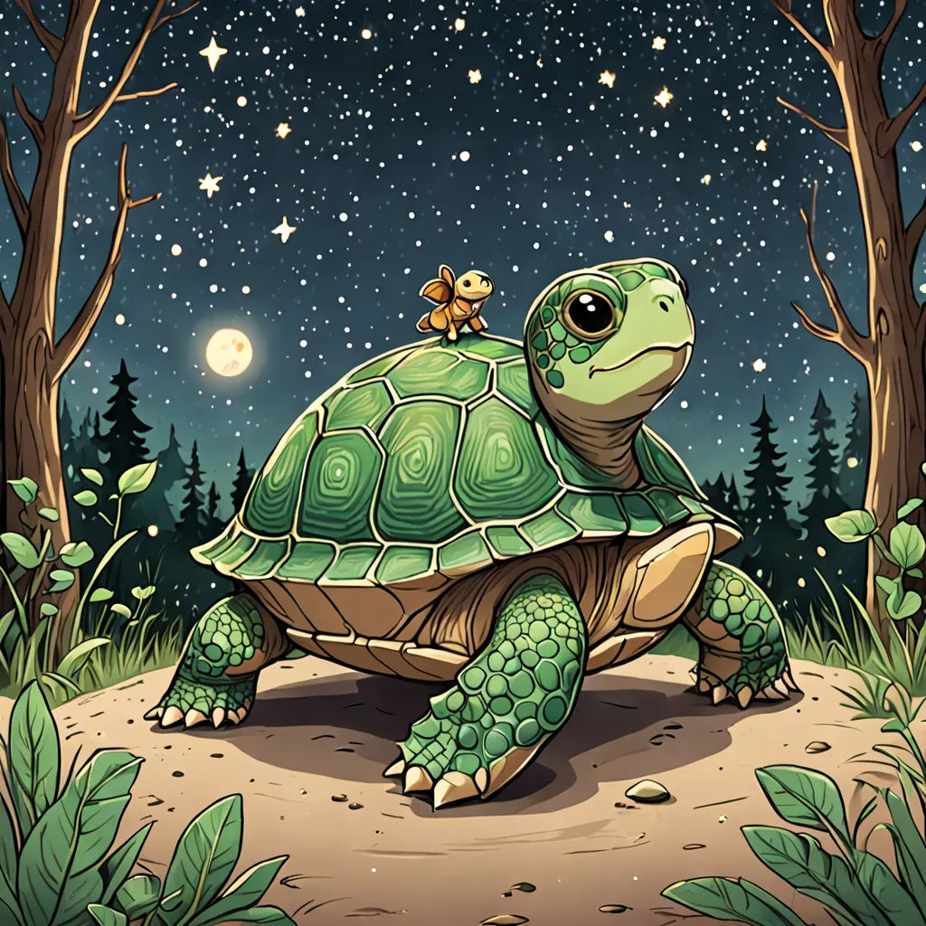 a turtle and a bird sitting on top of it's back in the woods at night time with stars and moon, space art, a storybook illustration, Chris LaBrooy, storybook illustration