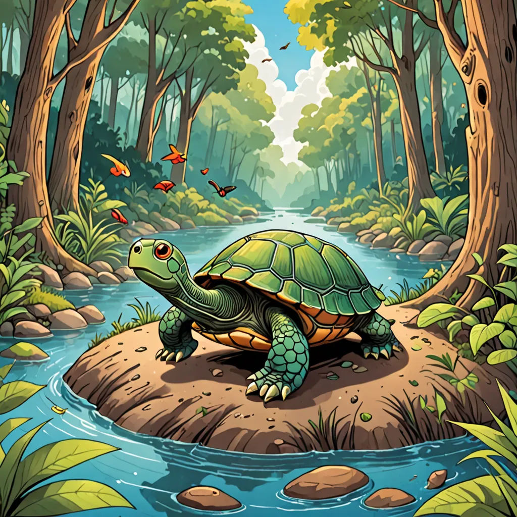 a turtle is sitting on a rock in the middle of a river surrounded by trees and butterflies flying around, environmental art, a storybook illustration, Chris LaBrooy, storybook illustration