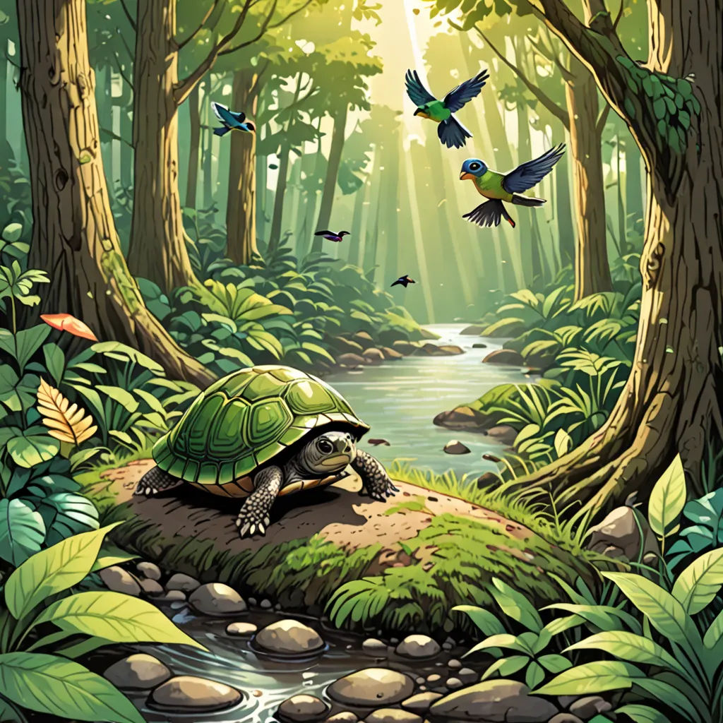 a painting of a turtle on a rock in a forest with birds flying around it and a stream running through the forest, fantasy art, a storybook illustration, Chris LaBrooy, storybook illustration