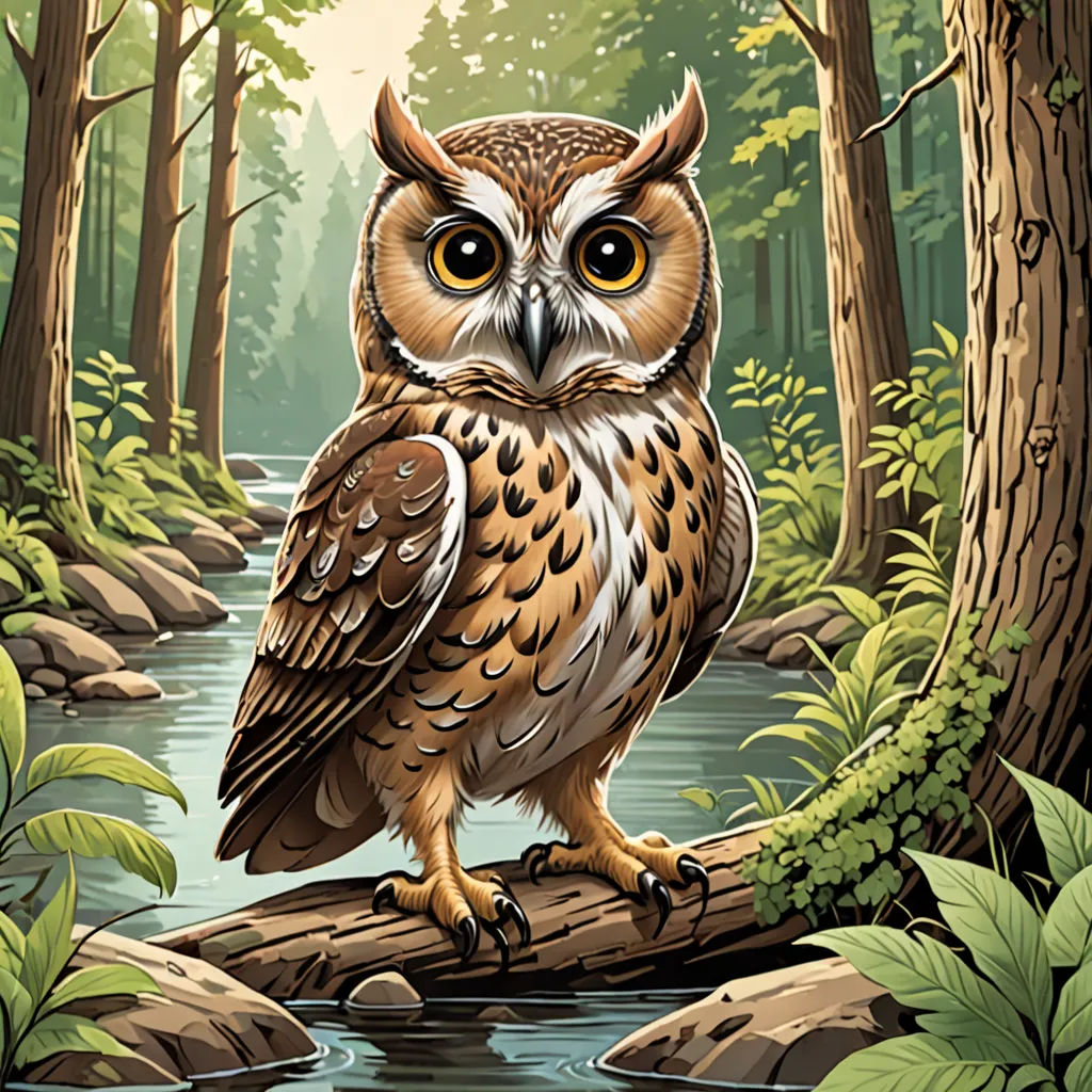 a painting of an owl sitting on a log in a forest with a stream running through it and trees around it, fantasy art, a storybook illustration, Dan Mumford, high detail illustration
