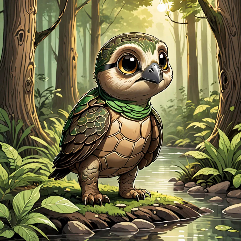 a bird with a bandanna on its head standing in a forest next to a river and trees with green leaves, sots art, a character portrait, Brom, magic the gathering artwork