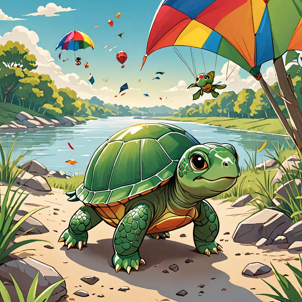 a turtle is flying a kite in the air over a lake and a forest with a kite flying in the sky, sots art, a storybook illustration, Chris LaBrooy, official art
