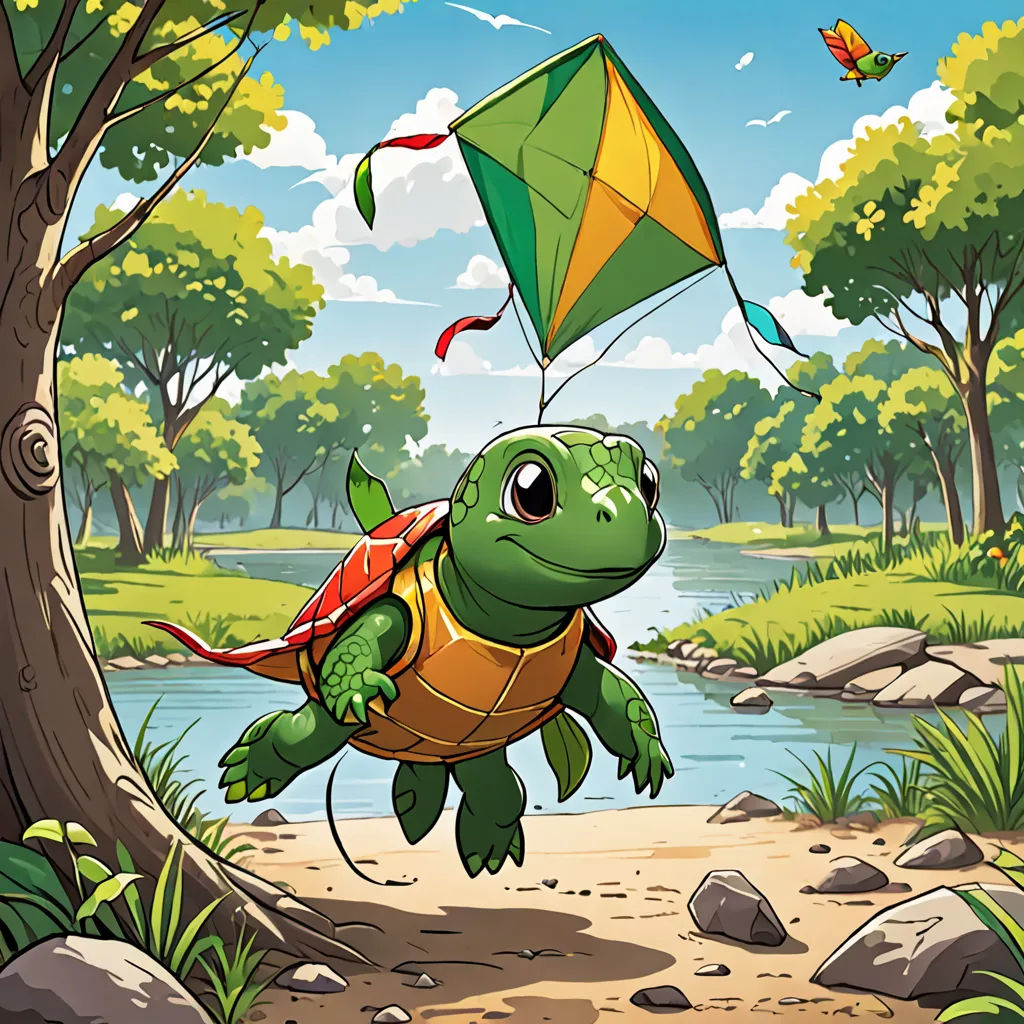 a turtle flying a kite in a park by a river with a butterfly flying above it and a butterfly on its back, sots art, a storybook illustration, Chris LaBrooy, official art