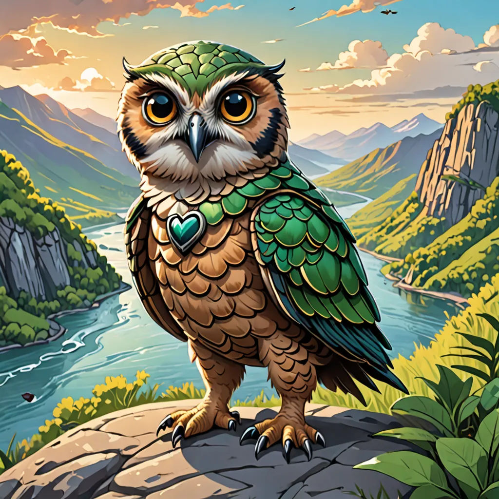 a painting of an owl on a rock overlooking a river and mountains with a heart shaped patch in its beak, fantasy art, a character portrait, Chris LaBrooy, magic the gathering artwork