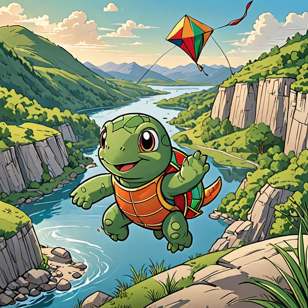 a turtle flying a kite over a river in a mountainous area with a mountain range in the background and a river running through it, sots art, a storybook illustration, Chris LaBrooy, official art