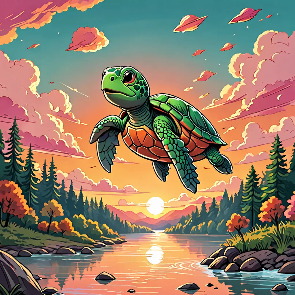 a painting of a turtle flying over a river at sunset with a sunset in the background and clouds in the sky, fantasy art, a storybook illustration, Dan Mumford, josan gonzales and dan mumford