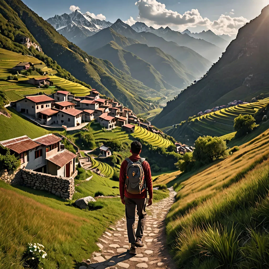 a man walking up a path in the mountains with a backpack on his back and a village in the background, art photography, a stock photo, Alson S. Clark, cinematic photography