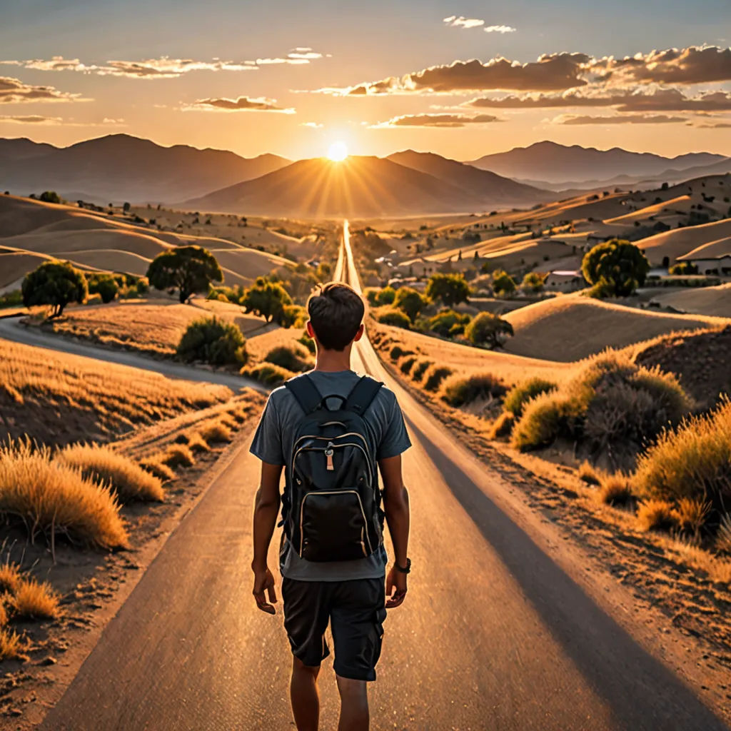 a man walking down a road with a backpack on his back and the sun setting behind him in the distance, art photography, a stock photo, Amir Zand, cinematic photography