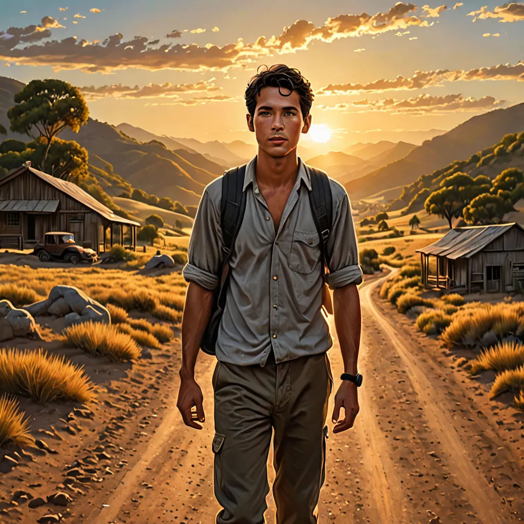 a man walking down a dirt road in the middle of a desert area with mountains in the background and a sunset, photorealism, poster art, David Park, promotional image