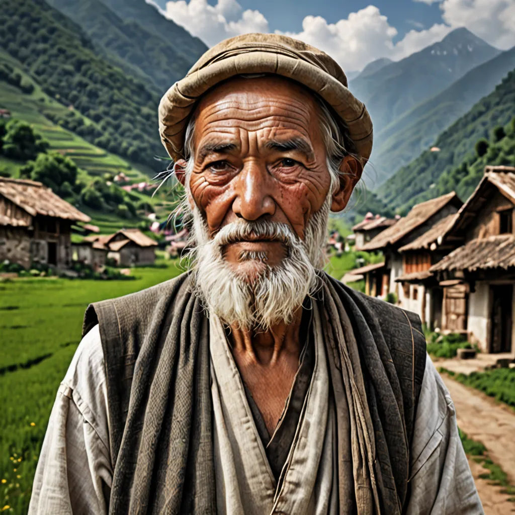 a man with a beard and a hat standing in front of a village with mountains in the background and a dirt road, sumatraism, a character portrait, Amir Zand, portrait photography