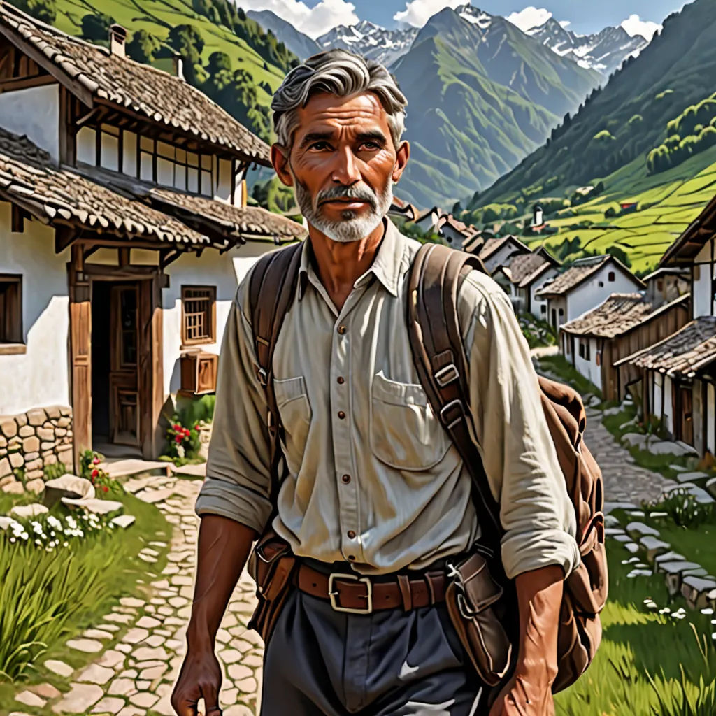 a painting of a man walking down a street with a backpack on his back and a mountain in the background, photorealism, an ultrafine detailed painting, Brothers Hildebrandt, highly detailed digital painting